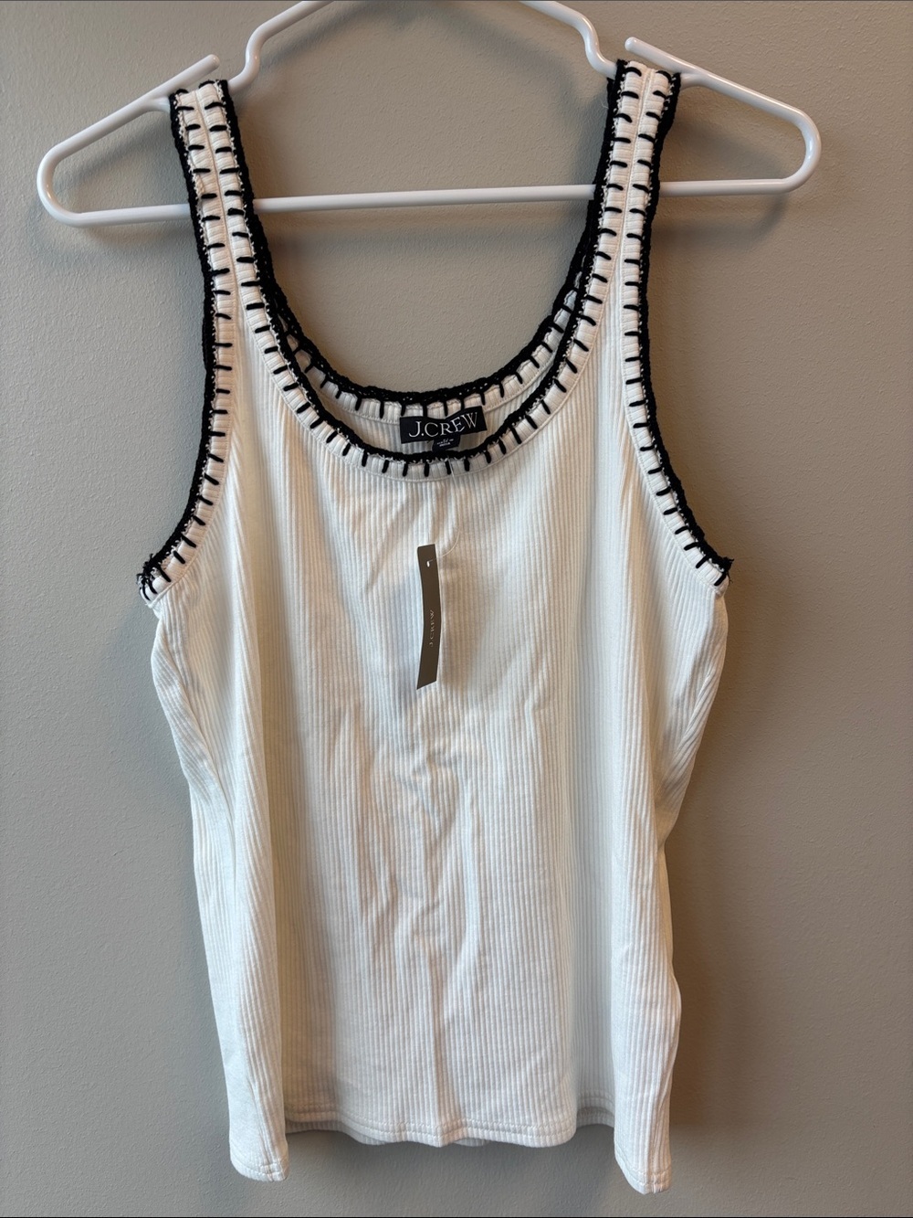 J. Crew White Ivory Ribbed Tank with Black Crochet Trim